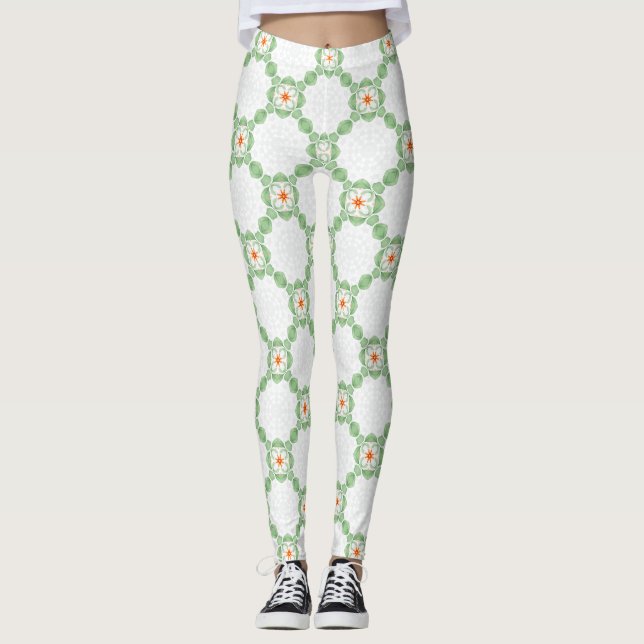 Pastel Green & Orange Floral Leaf Pattern Leggings (Frente)