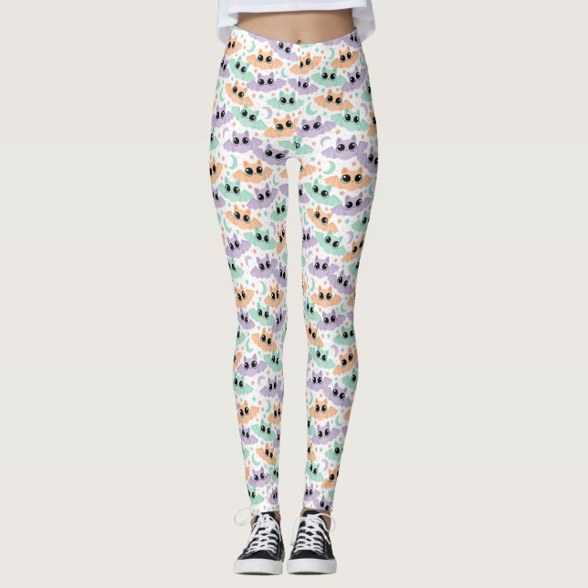 Pastel Halloween Bats e Stars Patterna Leggings (Frente)