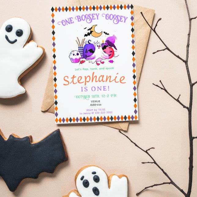 Pastel Halloween Goose Toddler Qualquer Idade Aniv (Pastel Halloween Goose Toddler Any Age Birthday Party Invitation. Spooky Boo-sey Goose, Ghost Goose)