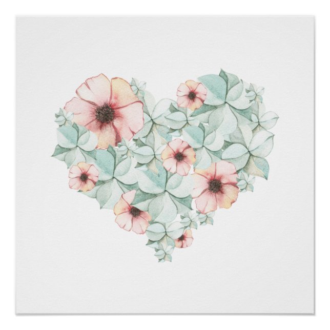 Pastel Hydrangea Floral Heart Poster Impressão (Frente)