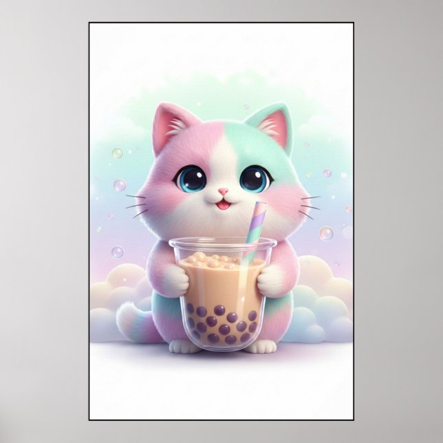 Pastel Kitty with Bubble Tea Art Poster (Frente)