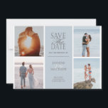 Pastel Modern Quatro Fotografias Guardar O Cartão<br><div class="desc">Script moderno "salvar a data" em fundo pastel com todas as informações em fonte serif com layout moderno. Quatro fotos estão no layout de duas fotos de cada lado do texto e estão prontas para serem substituídas com a sua própria colagem de fotos. O verso tem a mesma cor com...</div>