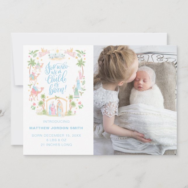 Pastel Nativity Baby Announcement Photo Card (Frente)