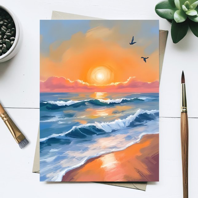 Pastel Ocean Sunset Watercolor Beach Painting Card (Criador carregado)