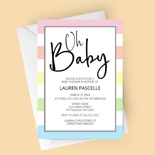 Pastel Oh Baby, Convite Para Chás de fraldas (Oh Baby Pastel Stripes Baby Shower Invitation)