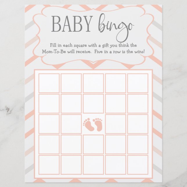 Pastel Peach e Cinza Zig Zag Baby Bingo (Frente)