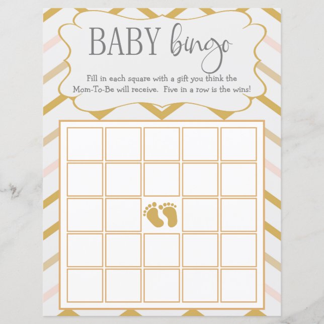 Pastel Peach e Dourado Zig Zag Baby Bingo (Frente)