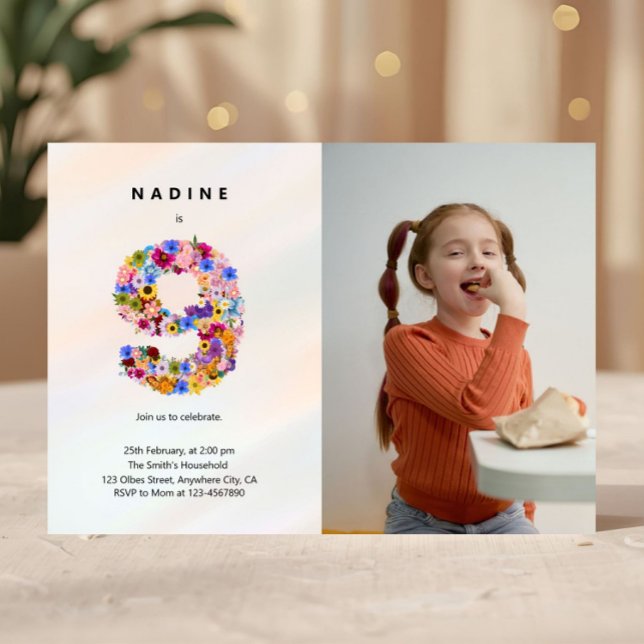 Pastel Pink 9.º Aniversário Foto de Convite Floral (9th Birthday Invitation Photo Girl Party 9 Year Old Editable Minimalist Birthday Wildflower Theme In)