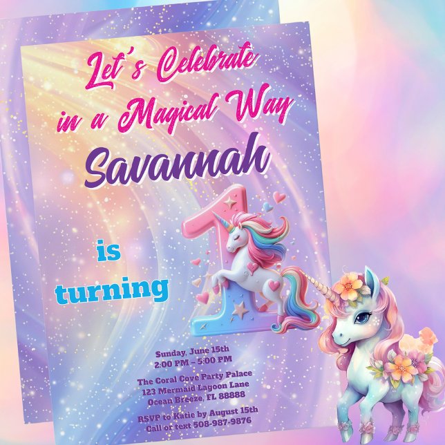 Pastel Rainbow Unicorn Primeiro Convite de Anivers (Magical Unicorn Birthday Party Invitation)