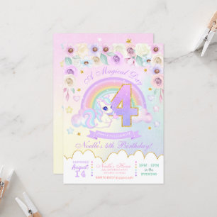 Pastel Rainbow Unicorn Quarto Convite de Aniversá