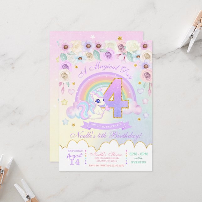 Pastel Rainbow Unicorn Quarto Convite de Aniversár (Frente/Verso In Situ)