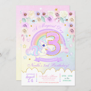 Pastel Rainbow Unicorn Terceiro Convite de Anivers