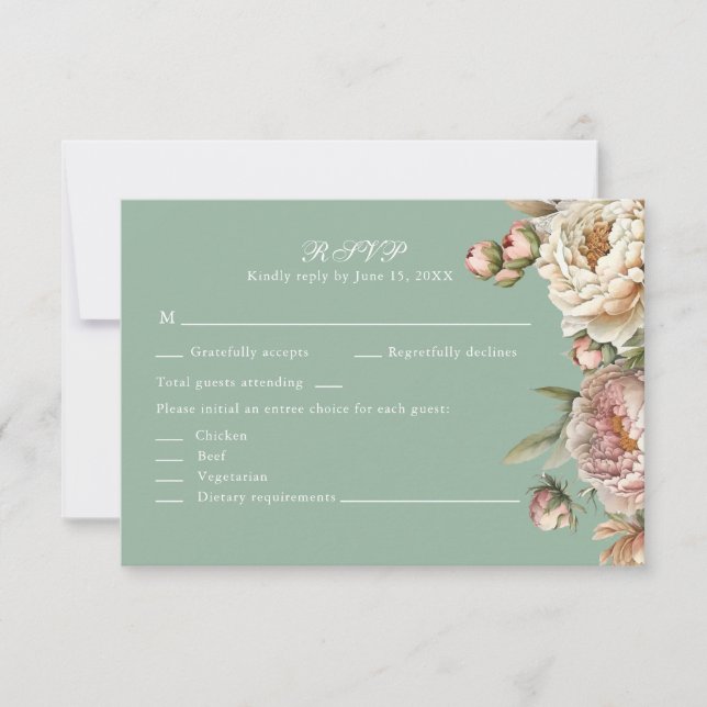 Pastel Sage Green and Blush Pink Peonies RSVP Card (Frente)
