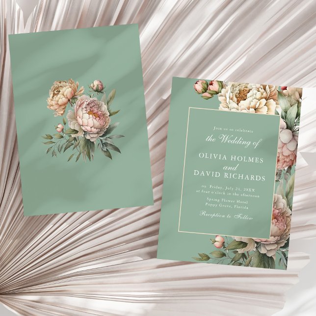 Pastel Sage Green Blush Peony Casamento Convite (Pastel Sage Green Blush Peony Wedding Invitation on a sunny neutral dry palm leaf.)