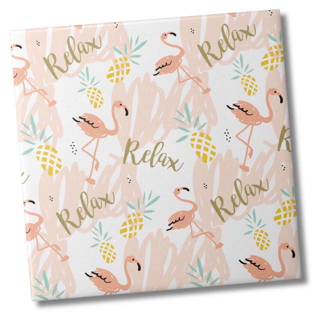 Pastel Tropical Pink Flamingo Pattern (Fun Cute Tropical Pastel Pineapple Pink Flamingo Ceramic Tile)