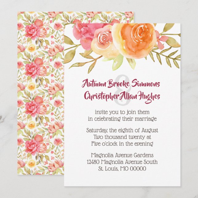 Pastel Watercolor Florals Convite Para Casamento (Frente/Verso)