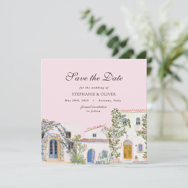 Pastel Watercolor Mediterranean Save The Date (Em pé/Frente)