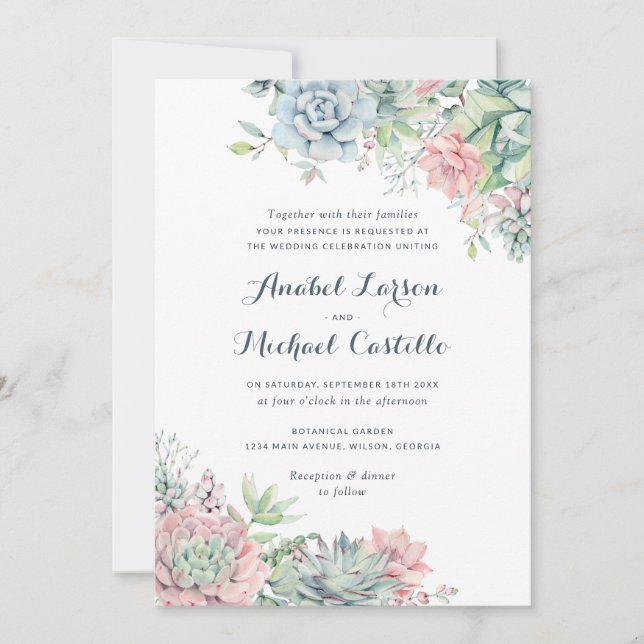 Pastel Watercolor Succulents Convite Para Casament (Frente)