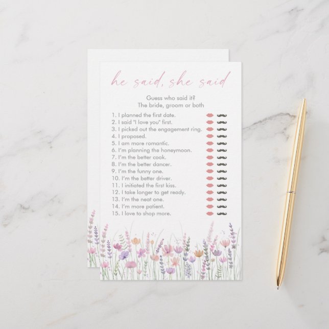 Pastel Wildflowers He Said She Said Bridal Game (Frente/Verso In Situ)