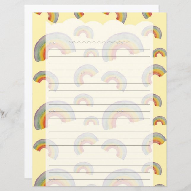 Pastel Yellow Kawaii Rainbow Stationery Paper (Frente/Verso)