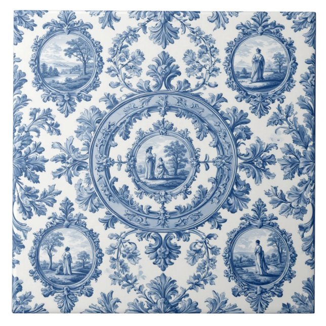 Pastoral Countryside Rural Folks French Toile Blue (Frente)