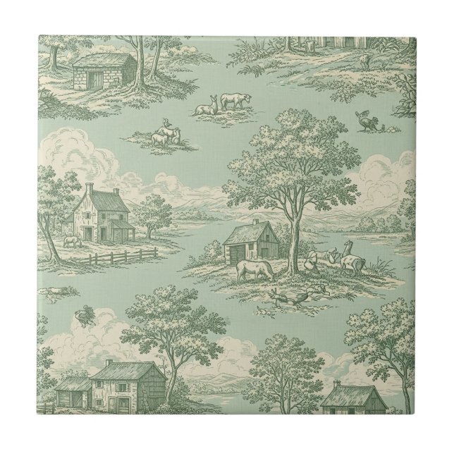 Pastoral Sage Green Toile Countryside Farm Scene 1 (Frente)