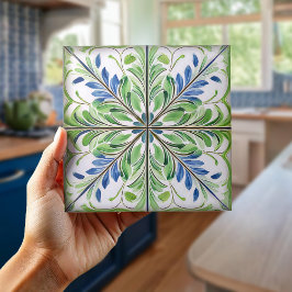 Pat nº 14 Azulejo Floral Pintado Verde Azul ID1078