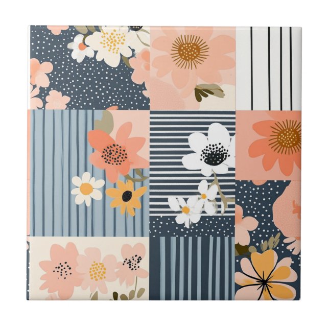 Patchwork Floral Retro em Rosa e Azul (Frente)