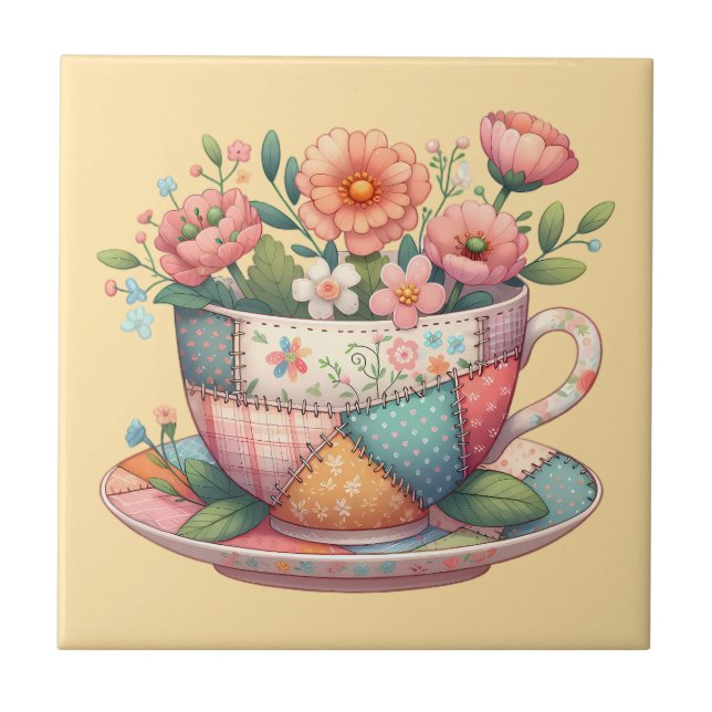 Patchwork Teacup with Whimsical Flowers (Frente)