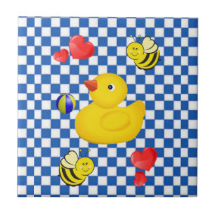 Patos Amarelos Azulejos, brancos e azuis, com veri