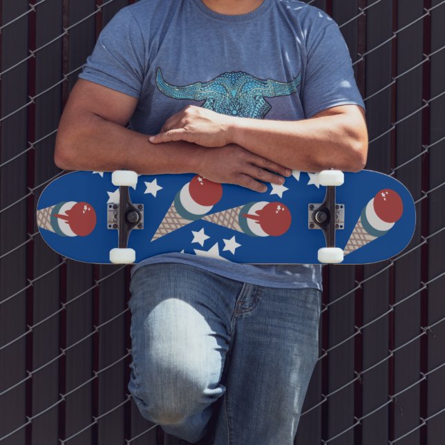 Patriotic Ice Cream Stars Pattern Blue Skateboard (Ao ar livre 3)