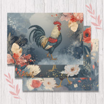 Patriotic Red White Blue Rooster Flowers Leaves