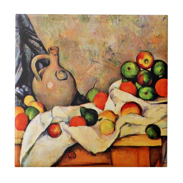 Paul Cezanne pintura, Cortina, Jug e Fruta (Frente)