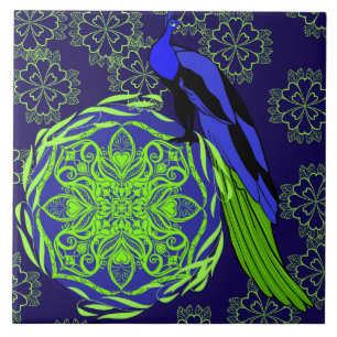 Pavão Azul Elegante com Mandala Verde