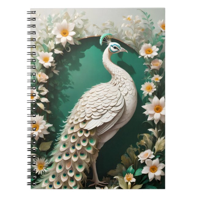 "Pavão Branco Elegante" Caderno de espiral de aqua (Frente)