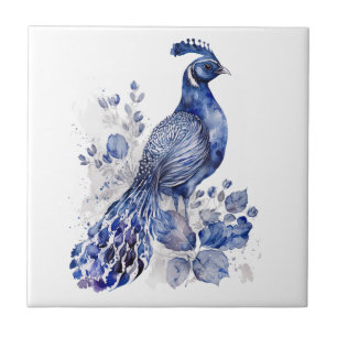 Pavão de estilo Delft azul e branco com flores