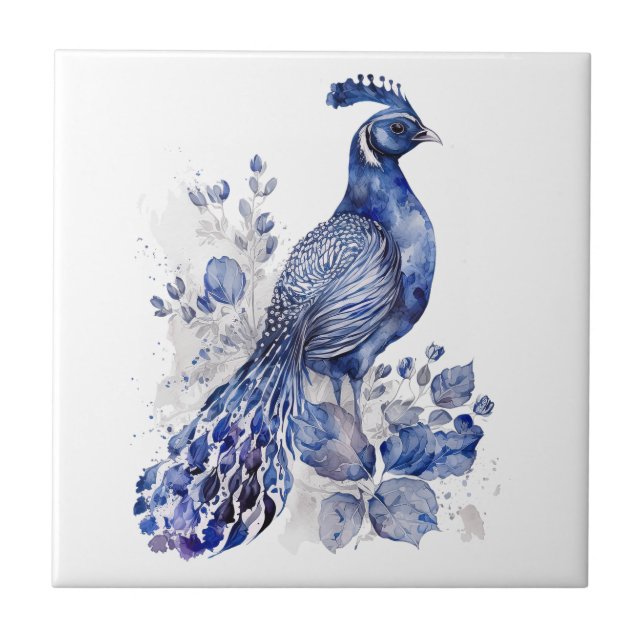 Pavão de estilo Delft azul e branco com flores (Frente)