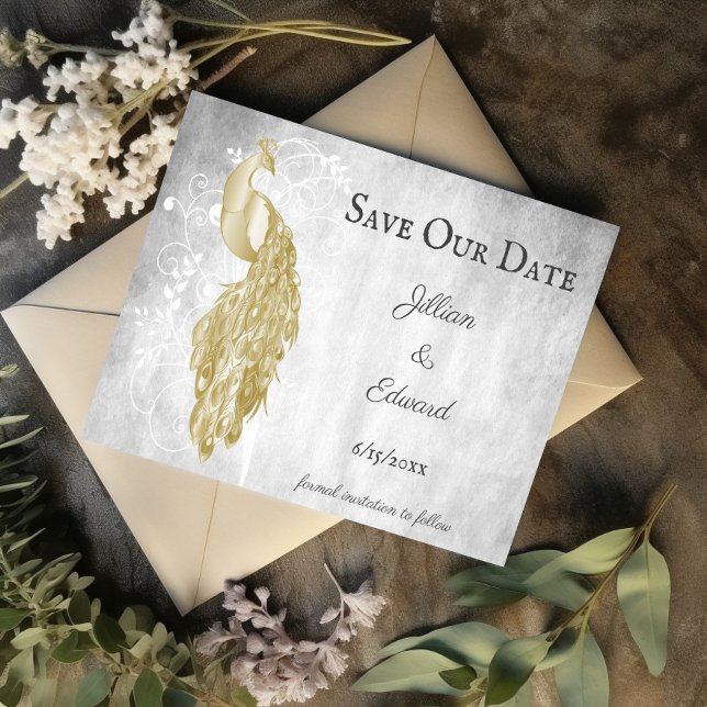 Pavão Dourado Salve O Anúncio De Data (Gold Peacock Save the Date)