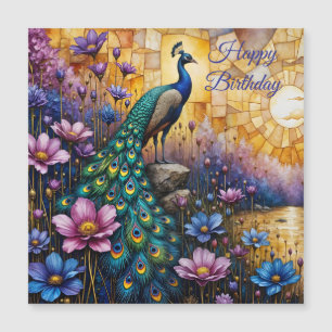 Pavão em Paisagem Floral, Ímã de Aniversário