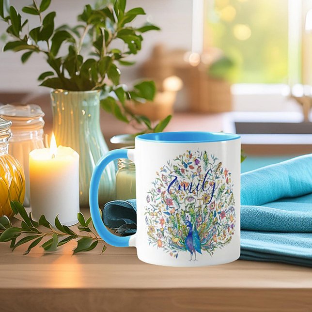 Pavão floral com aquarela personalizada caneca de  (Criador carregado)