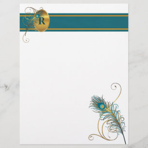 Pavão Monograma em Teal e Dourado
