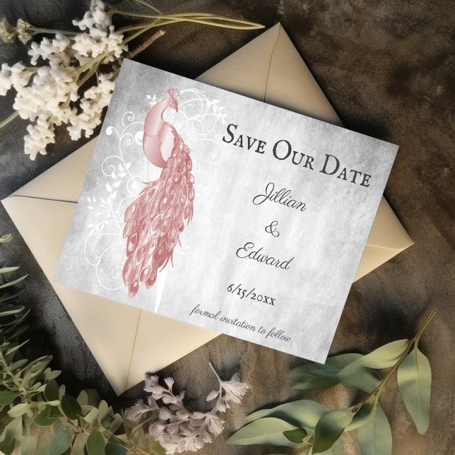 Pavão Rosa Salve O Anúncio De Data (Pink Peacock Save the Date)