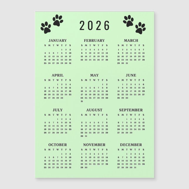 Paw Prints Design 2026 Calendar Magnetic Card (Frente)