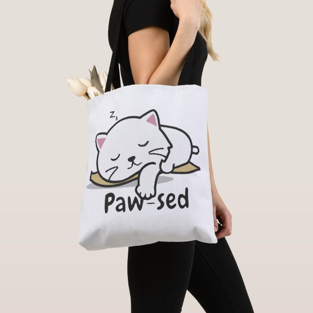 Paw-sed Cute Cat Tote – Lazy Kitty Cotton Bag (Close Up)