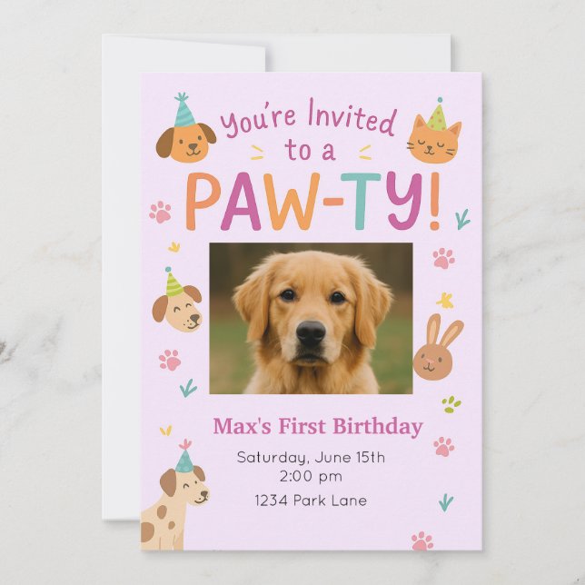 Paw-ty Animal - Pic Pet Birthday Convite (Frente)