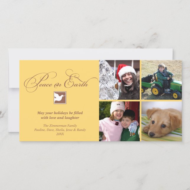 Paz de pomba amarela castanha no cartões de natal  (Frente)