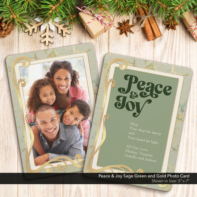 Paz e Joy Sage, Cartão com fotos Dourado e Verde (Peace & Joy, Sage Green and Gold Holiday Photo Greeting Card)