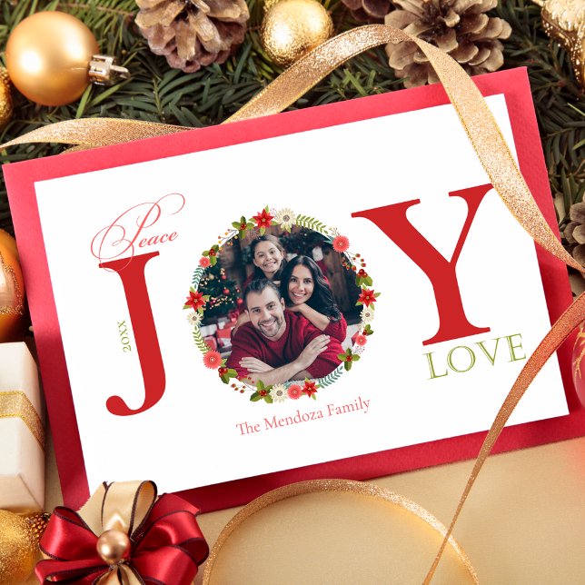 Paz Joy Love Wreath Cartões de foto de Natal (Criador carregado)