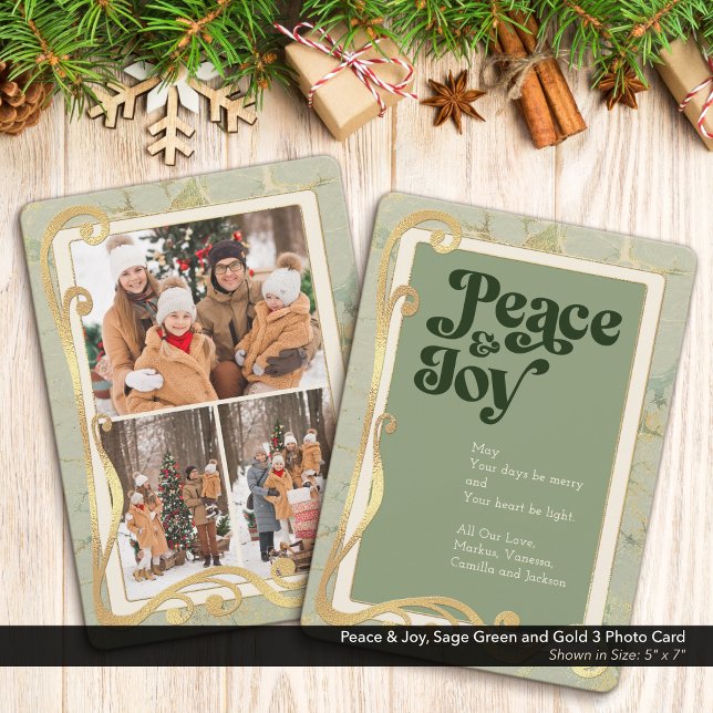 Peace & Joy Sage Green e Dourado Cartão com fotos  (Peace & Joy, Sage Green and Gold Holiday Three (3) Photo Greeting Card)