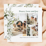 Peace Love Joy Berry deixa cartão de festas fotogr<br><div class="desc">O moderno cartão de natal fotográfico apresenta saudações de Paz,  Amor e Alegria com bagas e folhas de fotografia e botânica.</div>
